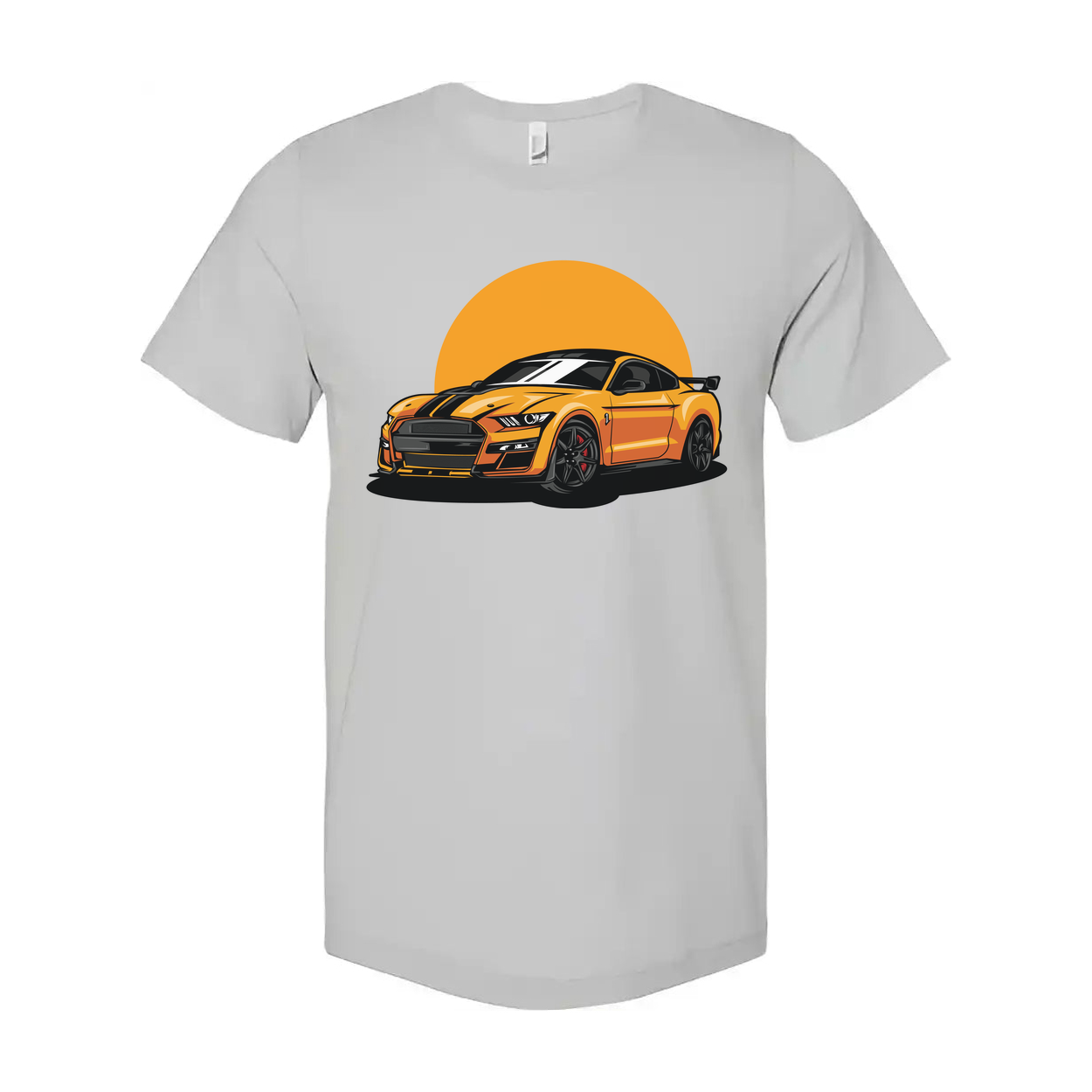 Unisex Ford Mustang Graphic T Shirt Featuring Orange Car And Sunset Design For Car Enthusiasts