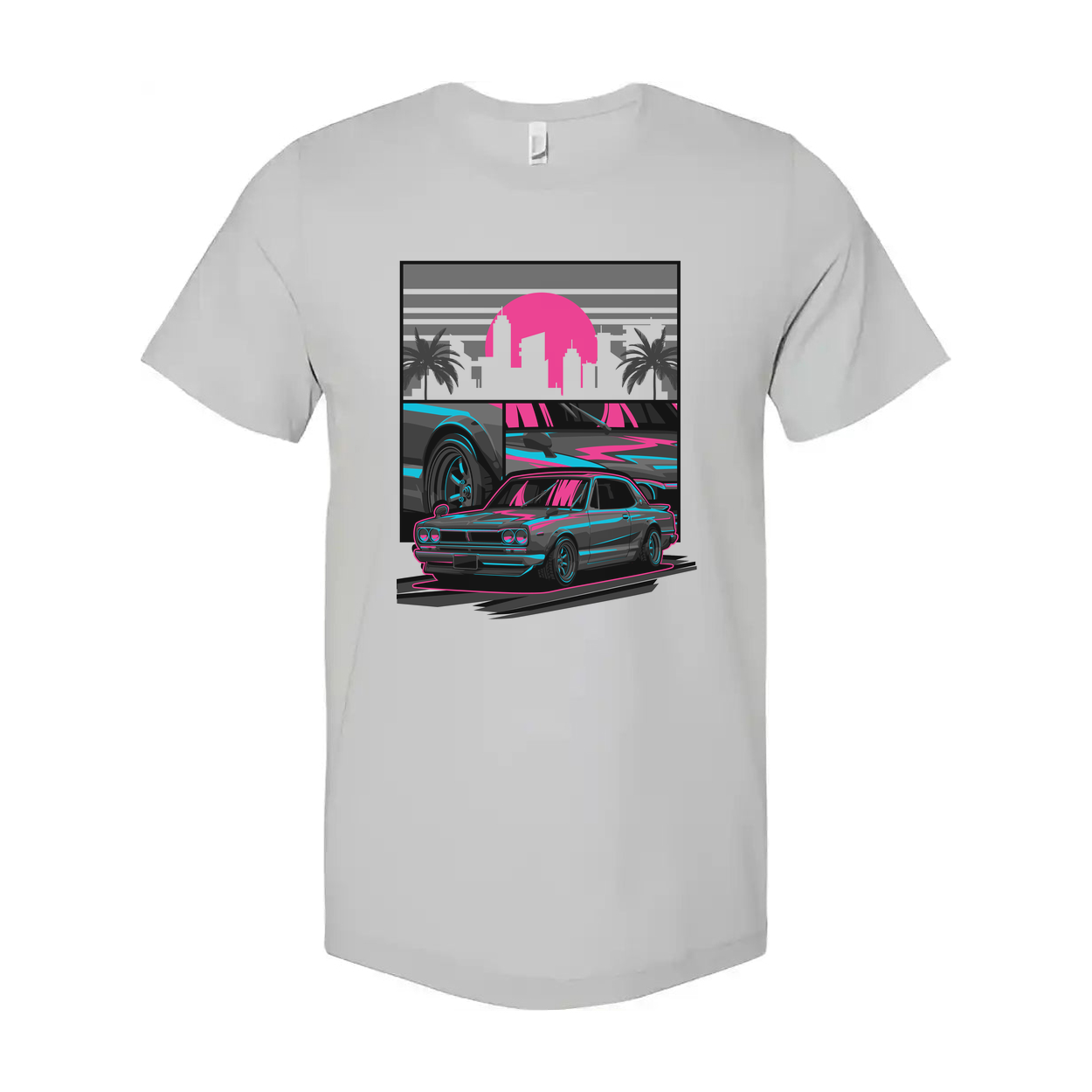 Datsun 240Z Neon Car Graphic T Shirt With Sunset Skyline And Palm Trees Unisex Casual Wear