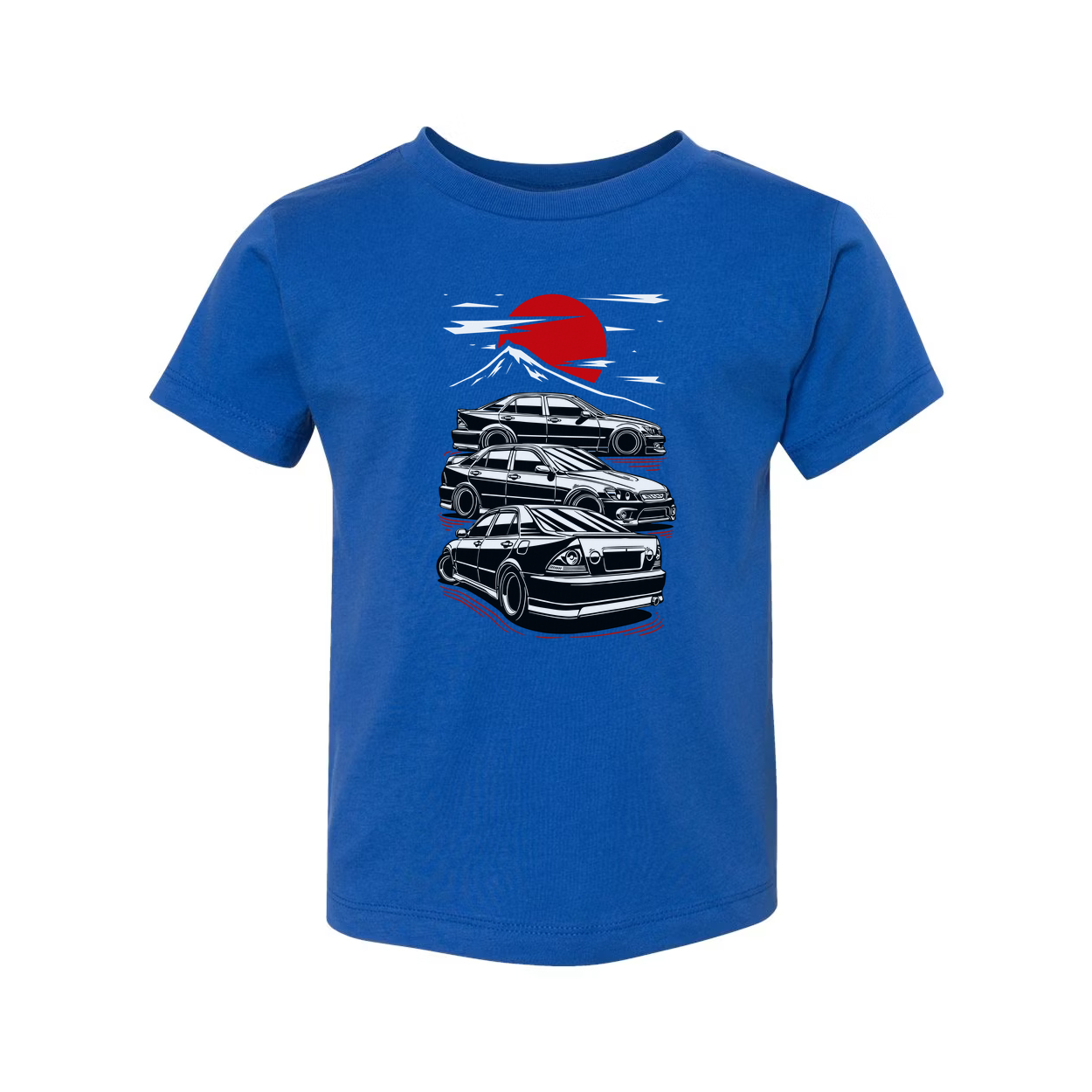 Toyota Chaser Unisex Graphic T Shirt Featuring Stacked Cars Sunset And Mount Fuji Style Illustration