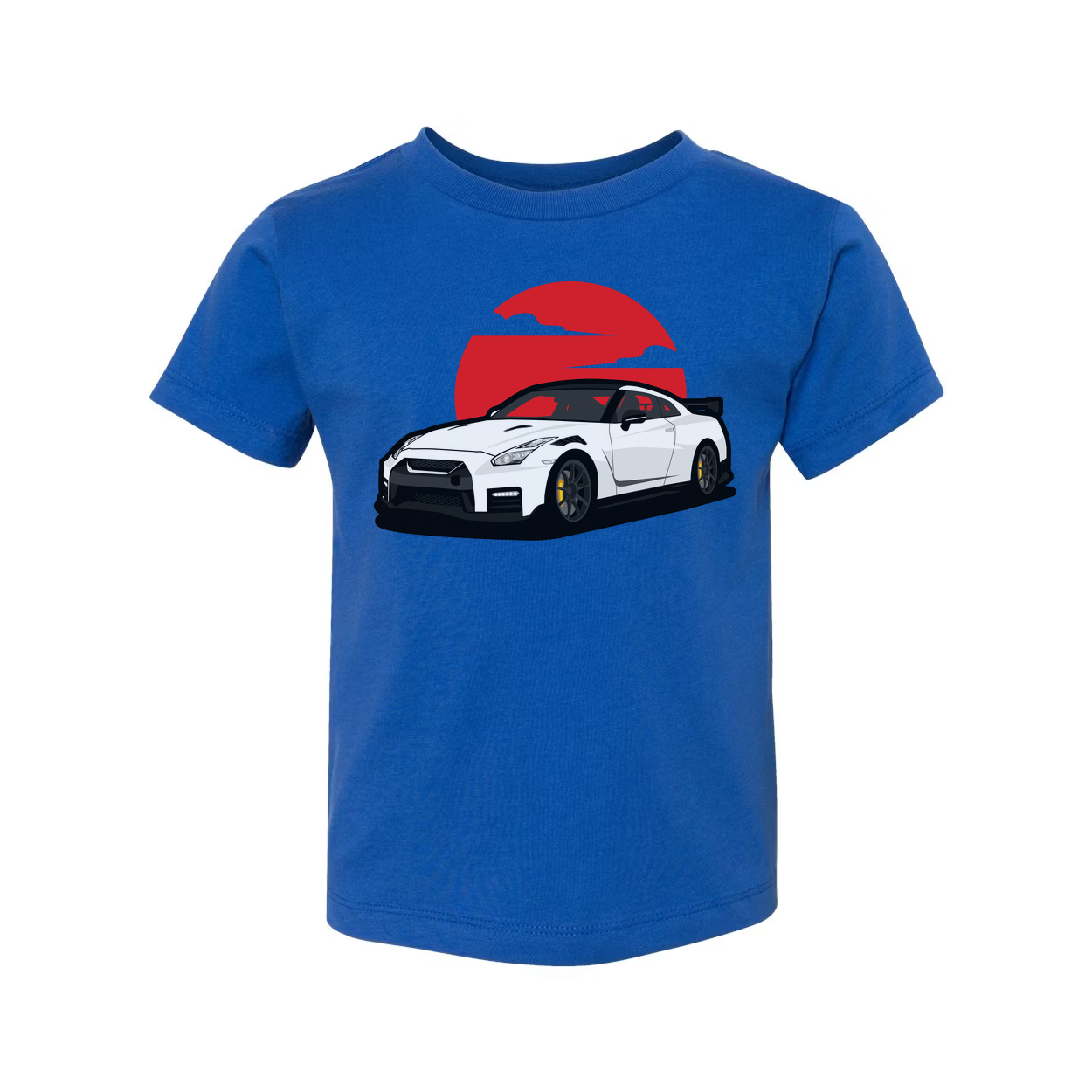 Unisex T Shirt With White Nissan GTR R35 Car Graphic And Red Sunset Backdrop Design