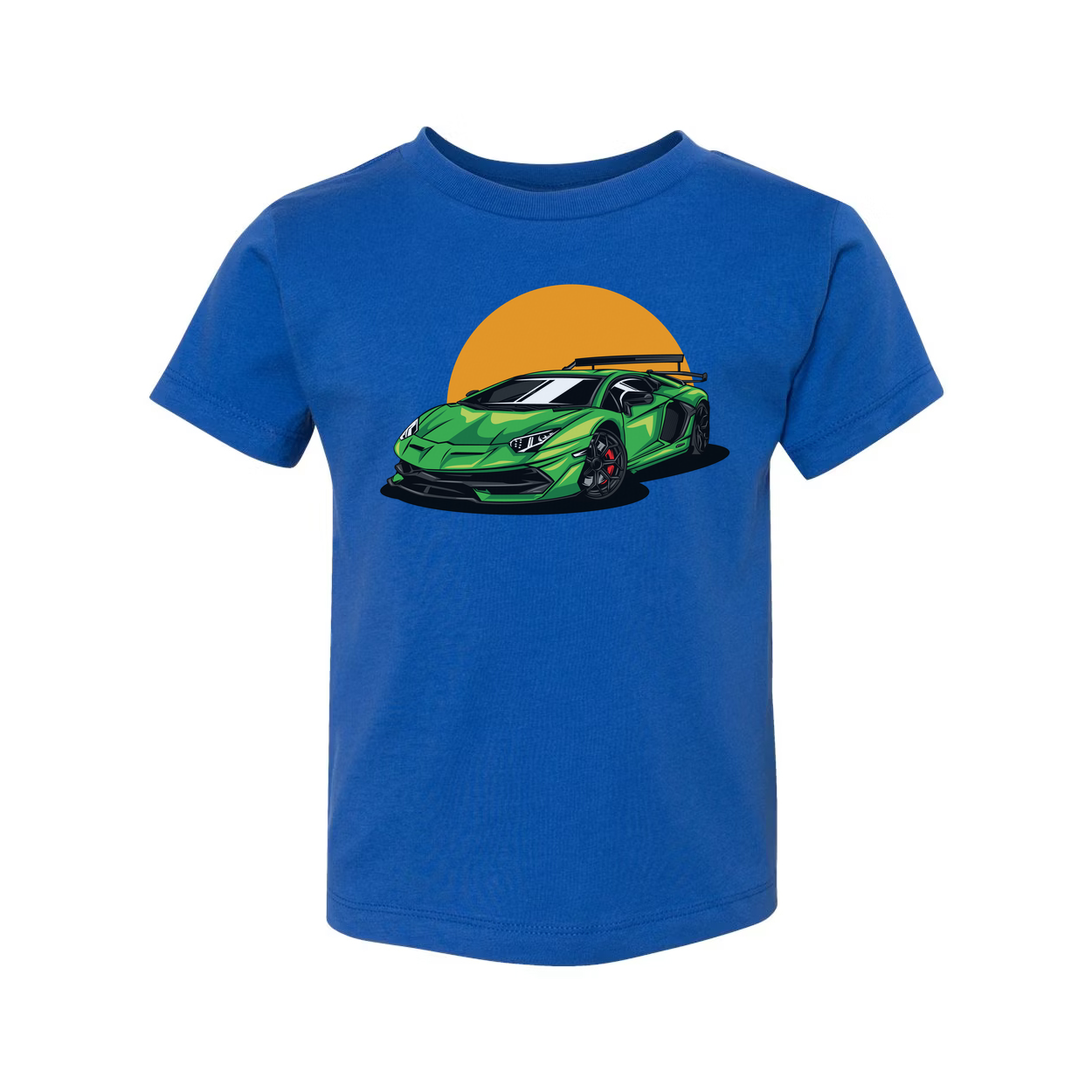 Green Sports Car Graphic Tee With Orange Sunset Backdrop For Unisex Adults Casual Wear