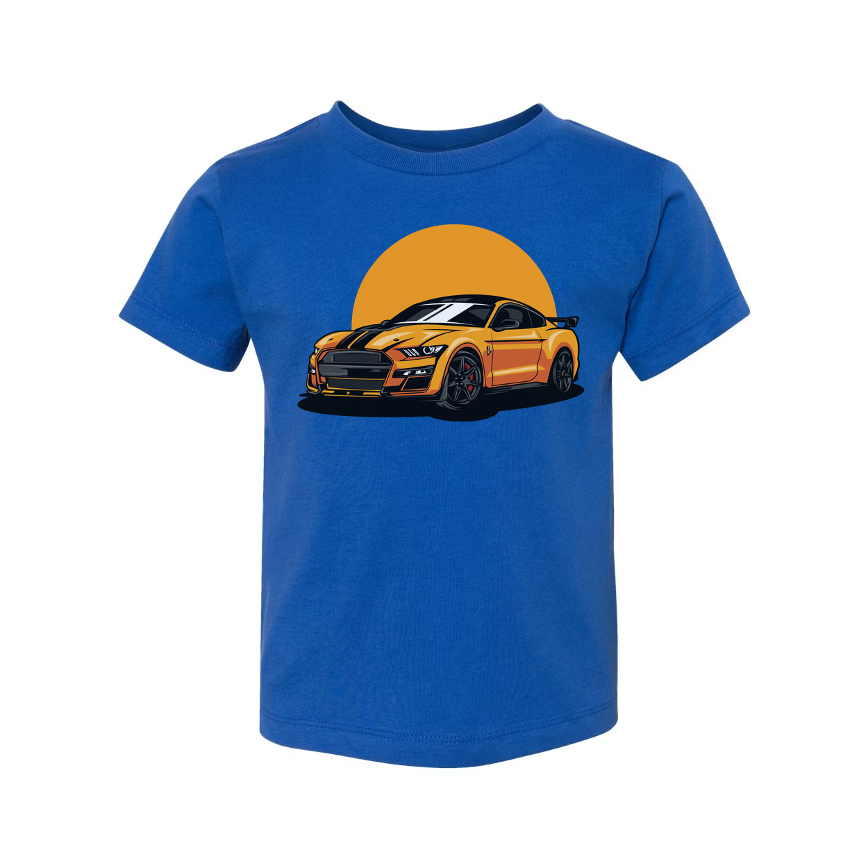 Unisex Ford Mustang Graphic T Shirt Featuring Orange Car And Sunset Design For Car Enthusiasts