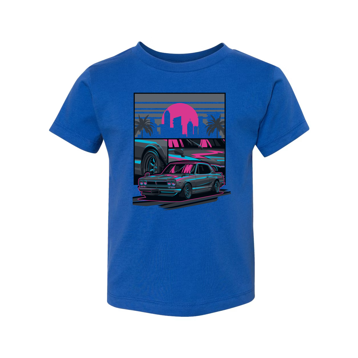 Datsun 240Z Neon Car Graphic T Shirt With Sunset Skyline And Palm Trees Unisex Casual Wear