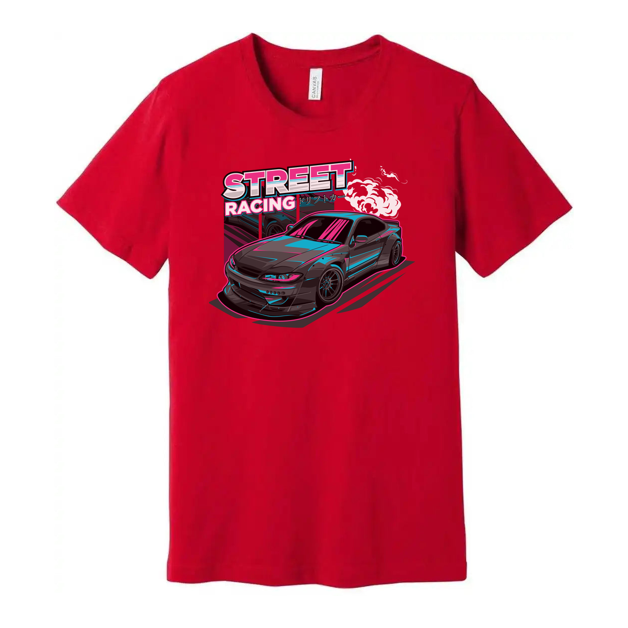 Nissan S15 Silvia Street Racing Graphic T Shirt With Neon Pink And Cyan Car Artwork For Unisex Wear