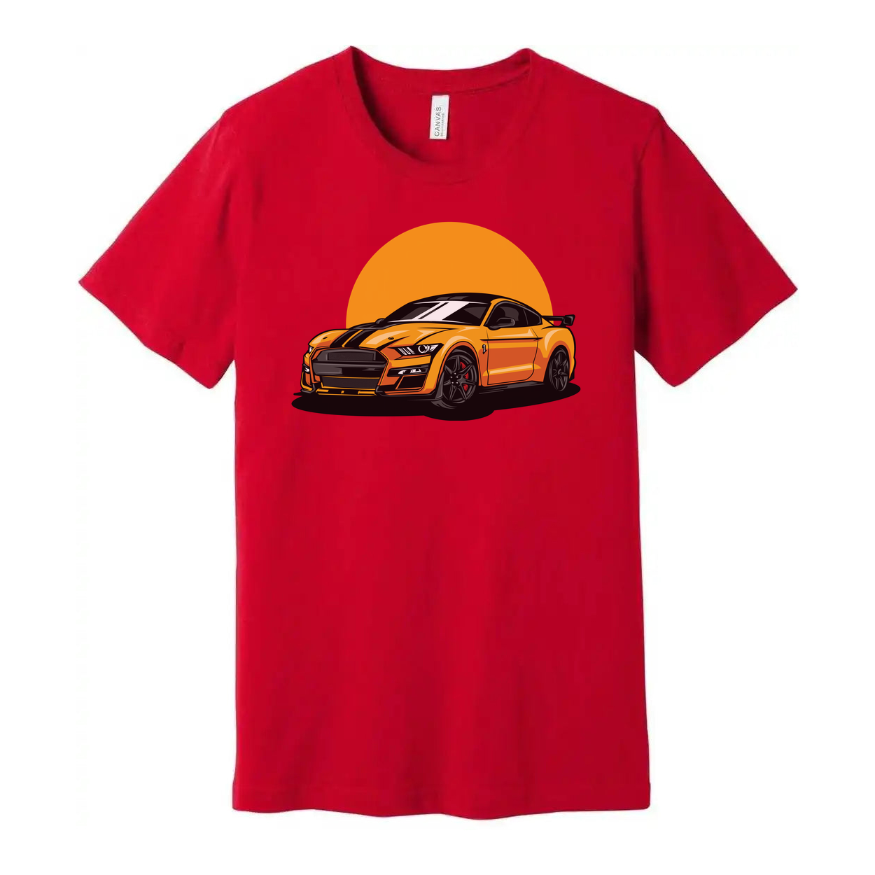 Unisex Ford Mustang Graphic T Shirt Featuring Orange Car And Sunset Design For Car Enthusiasts