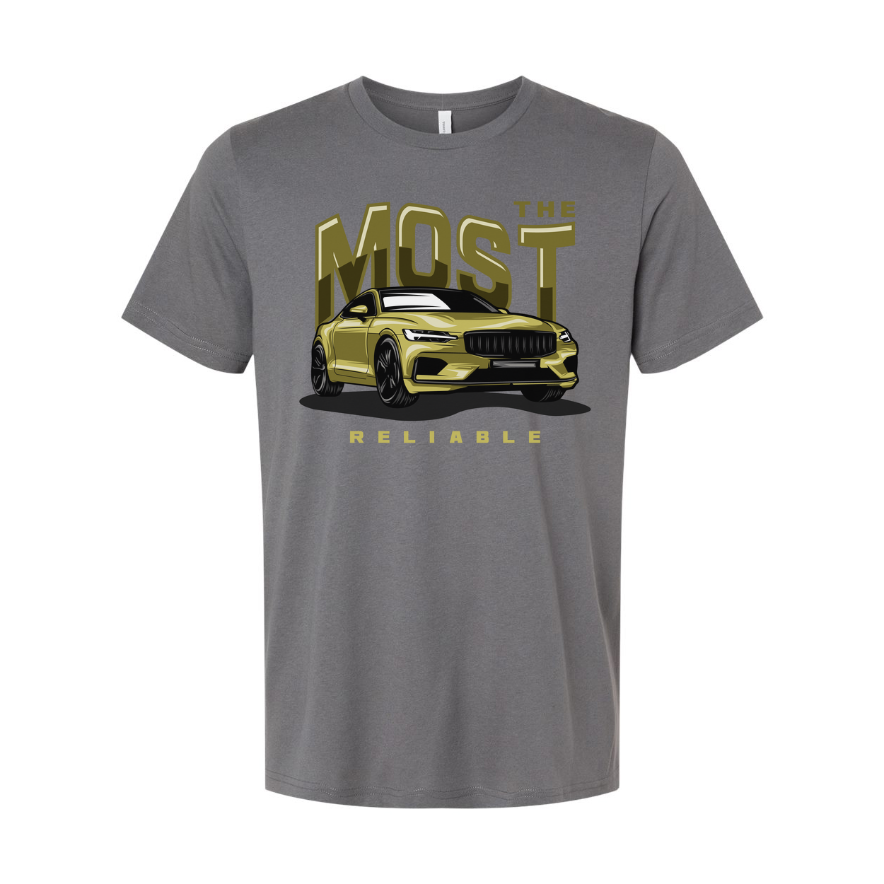 Most Reliable Car Graphic T Shirt Unisex White Tee With Yellow Sedan Illustration
