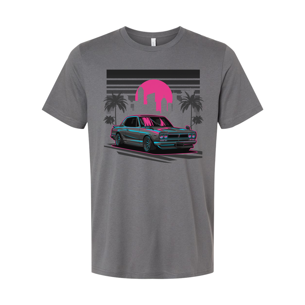 Nissan Skyline Neon Sunset Graphic Unisex T Shirt With Palm Trees And City Skyline