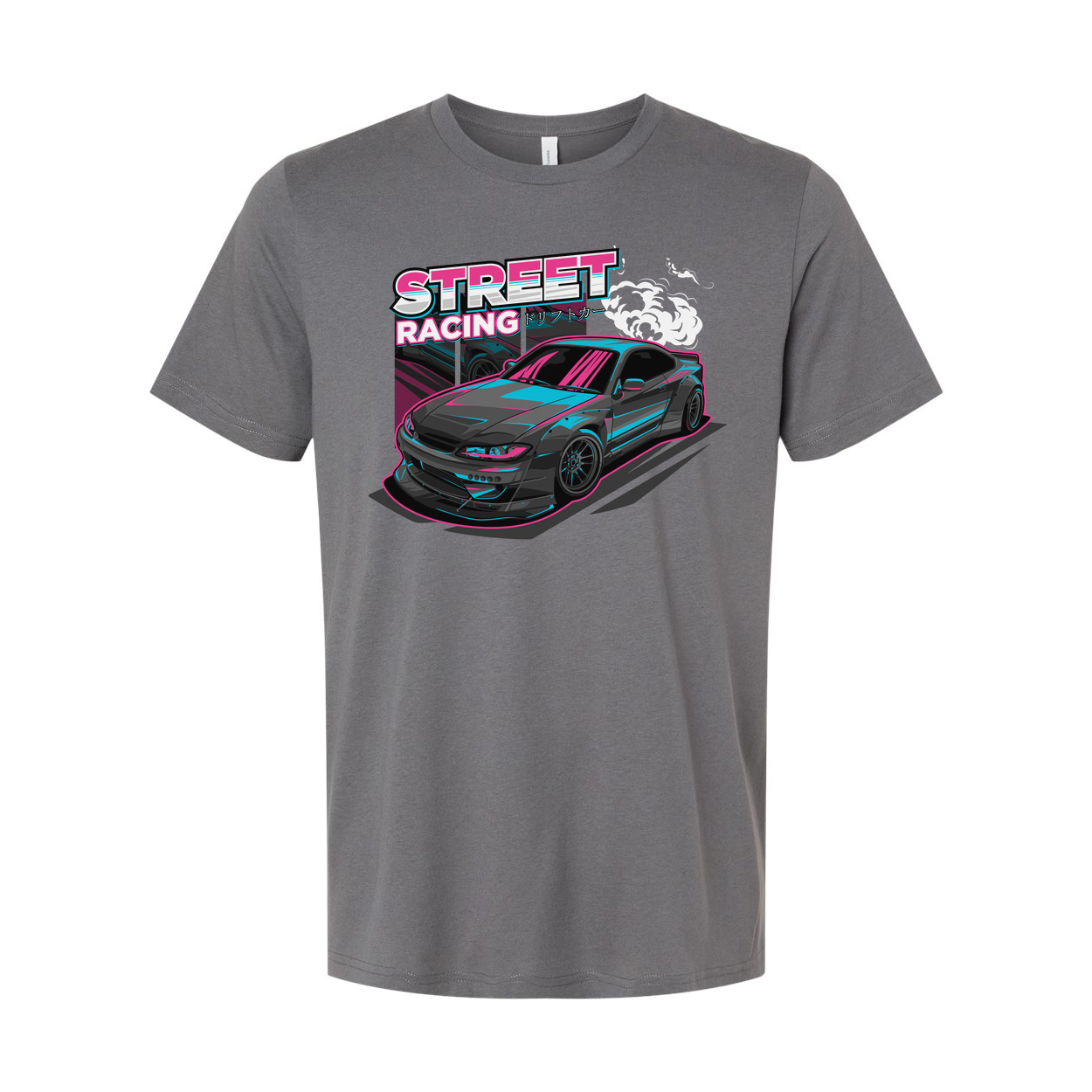 Nissan S15 Silvia Street Racing Graphic T Shirt With Neon Pink And Cyan Car Artwork For Unisex Wear