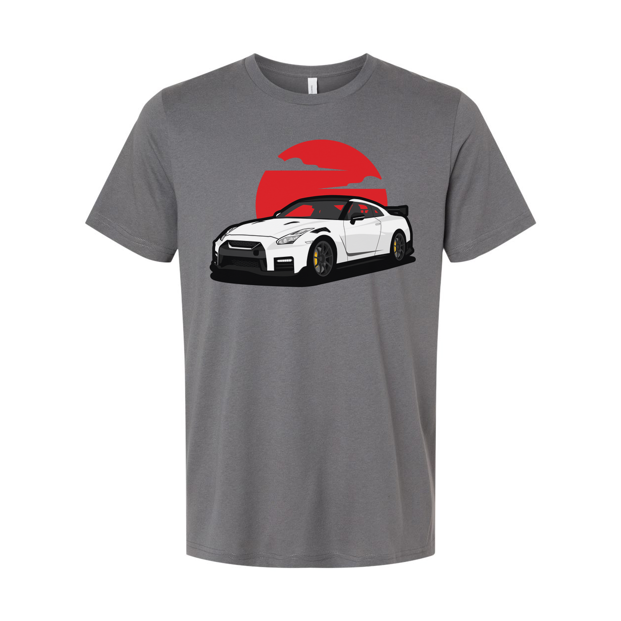 Unisex T Shirt With White Nissan GTR R35 Car Graphic And Red Sunset Backdrop Design