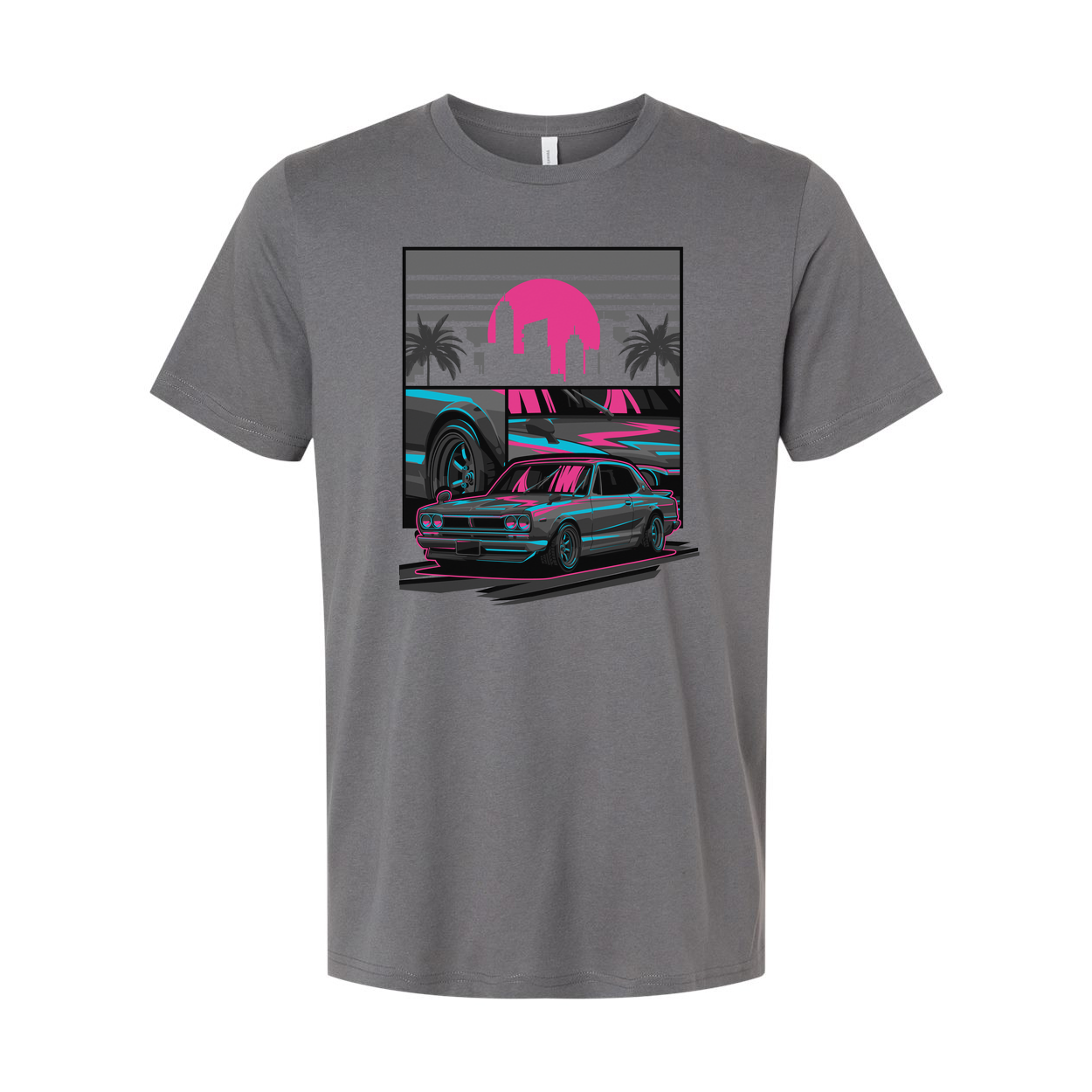 Datsun 240Z Neon Car Graphic T Shirt With Sunset Skyline And Palm Trees Unisex Casual Wear
