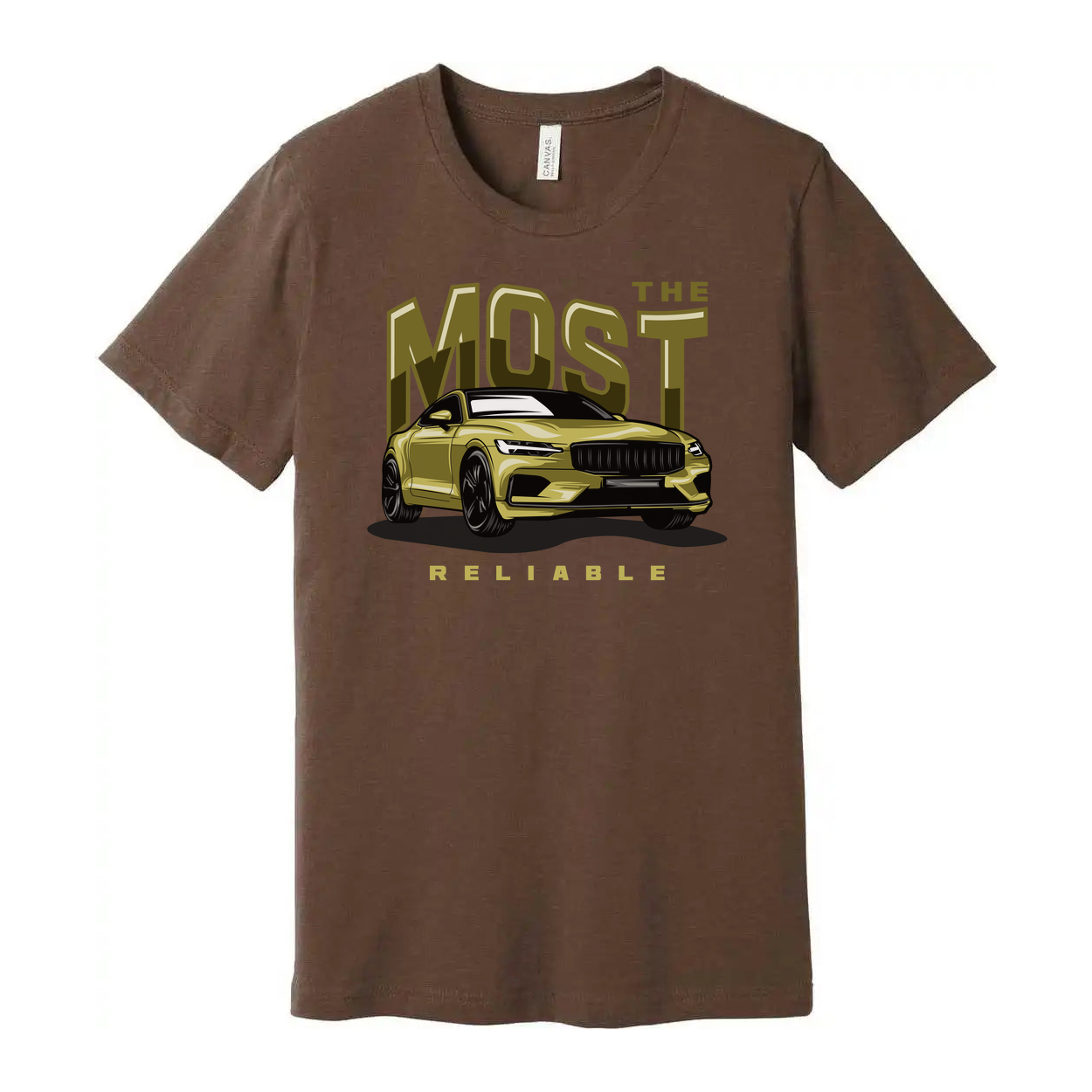 Most Reliable Car Graphic T Shirt Unisex White Tee With Yellow Sedan Illustration