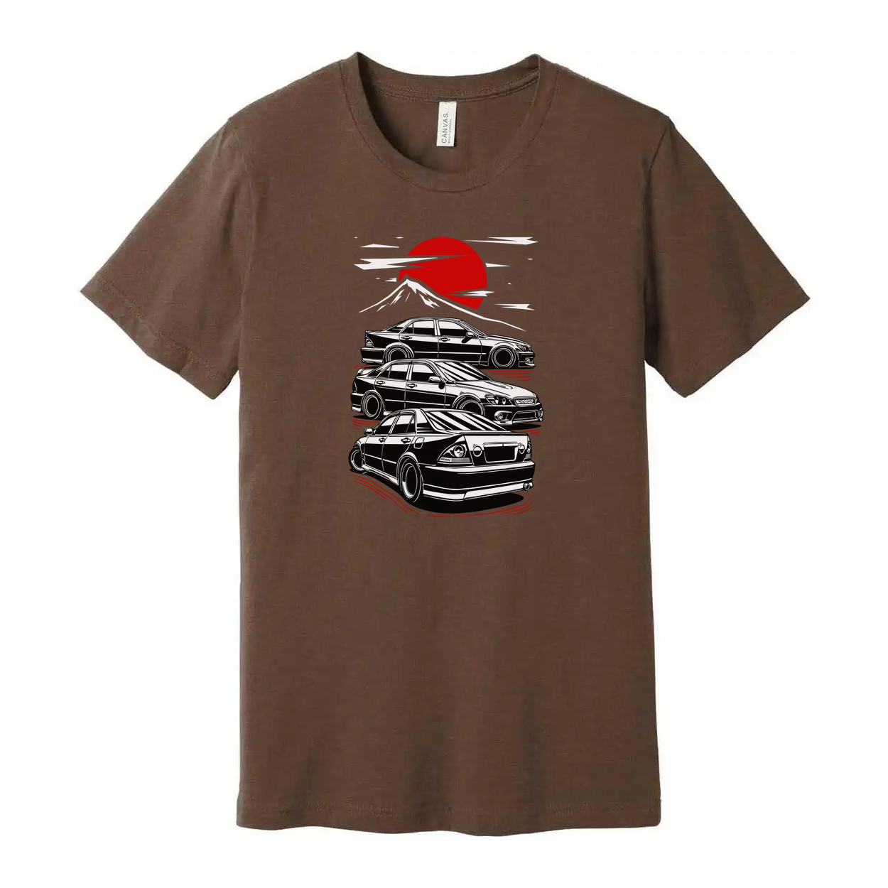 Toyota Chaser Unisex Graphic T Shirt Featuring Stacked Cars Sunset And Mount Fuji Style Illustration