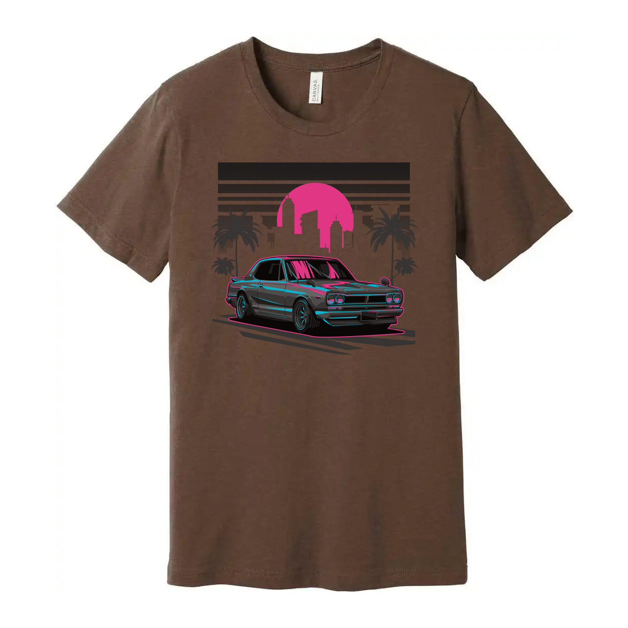 Nissan Skyline Neon Sunset Graphic Unisex T Shirt With Palm Trees And City Skyline