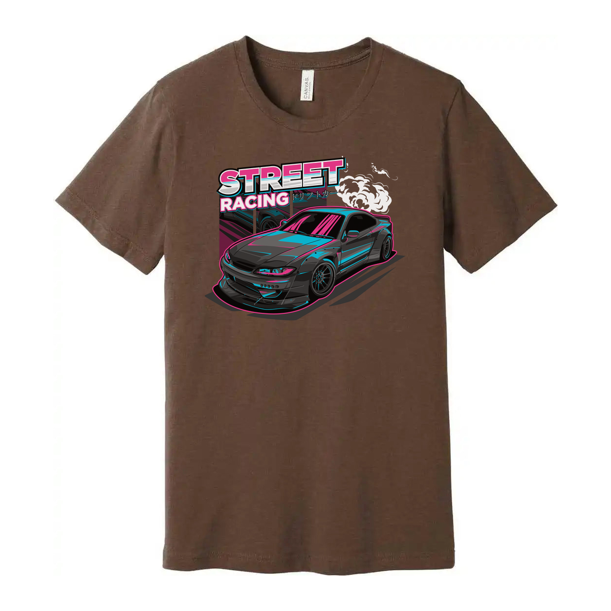 Nissan S15 Silvia Street Racing Graphic T Shirt With Neon Pink And Cyan Car Artwork For Unisex Wear