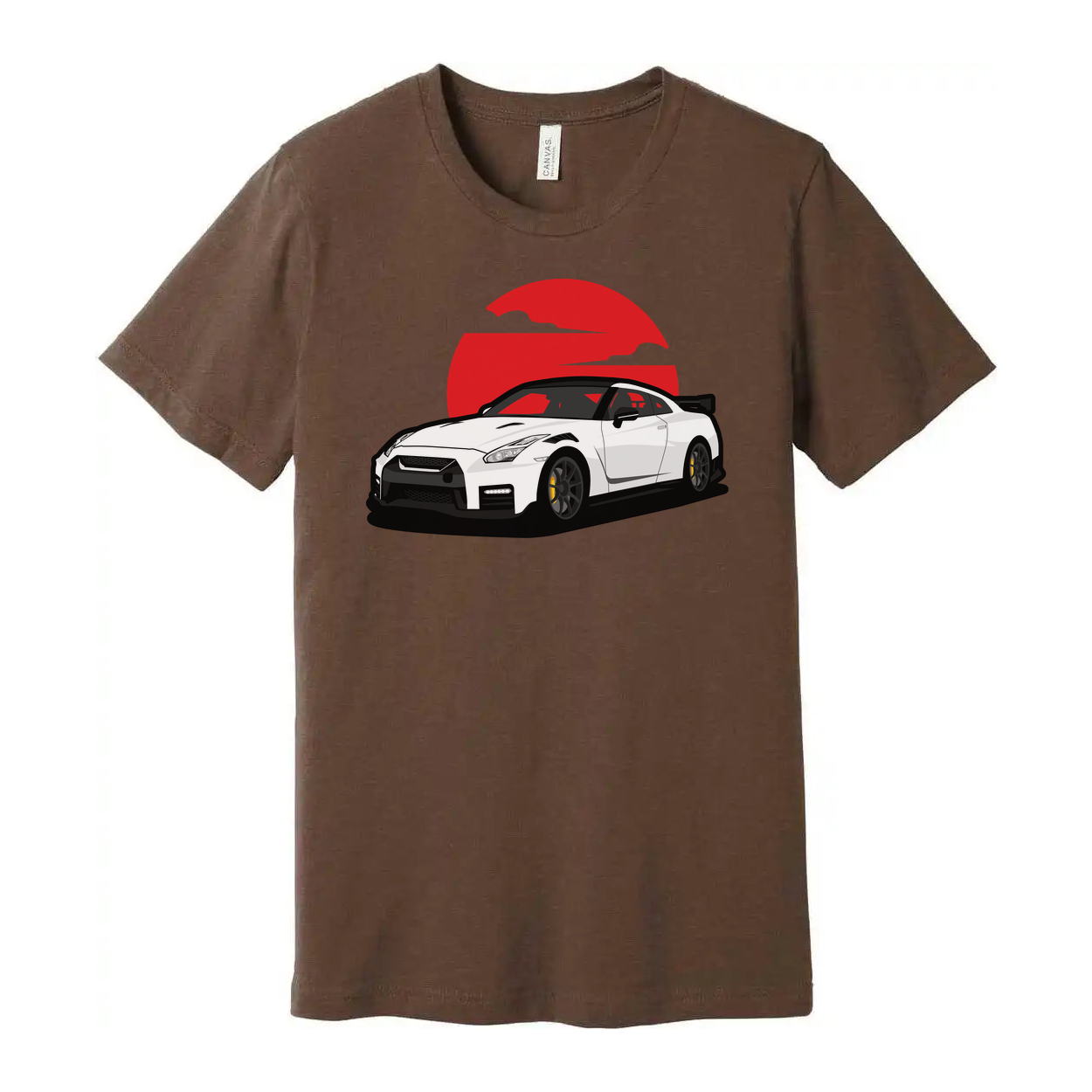 Unisex T Shirt With White Nissan GTR R35 Car Graphic And Red Sunset Backdrop Design