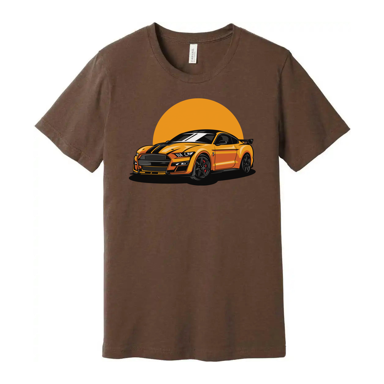 Unisex Ford Mustang Graphic T Shirt Featuring Orange Car And Sunset Design For Car Enthusiasts