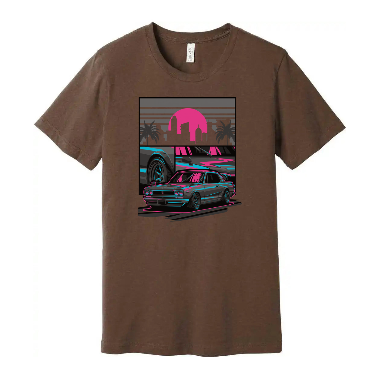 Datsun 240Z Neon Car Graphic T Shirt With Sunset Skyline And Palm Trees Unisex Casual Wear