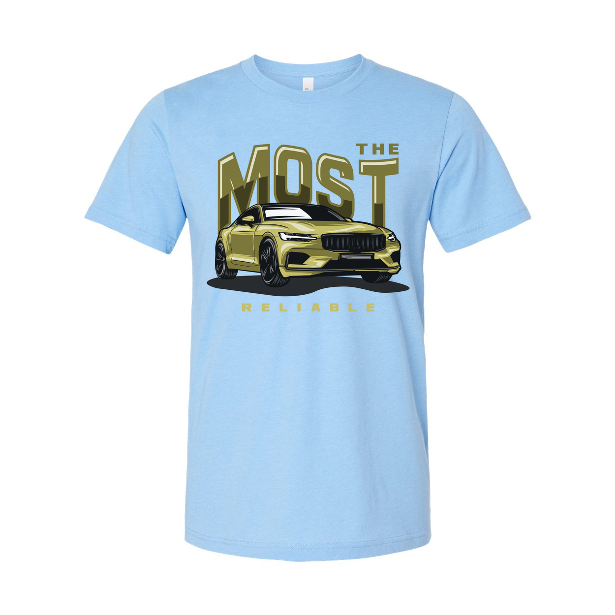 Most Reliable Car Graphic T Shirt Unisex White Tee With Yellow Sedan Illustration