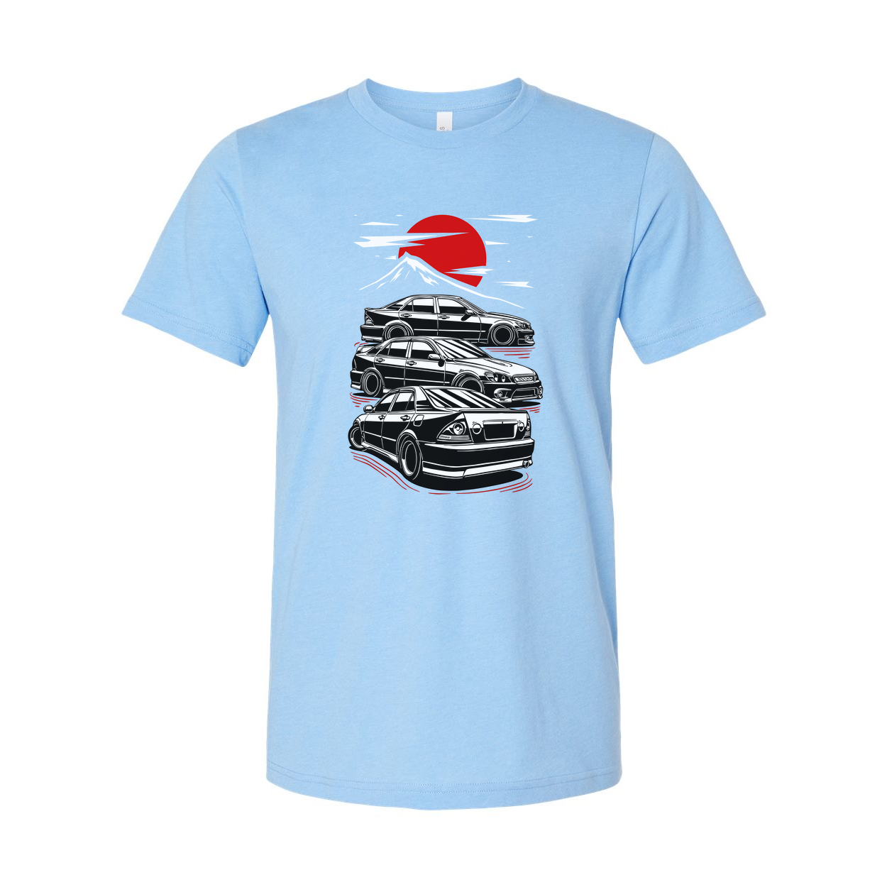Toyota Chaser Unisex Graphic T Shirt Featuring Stacked Cars Sunset And Mount Fuji Style Illustration