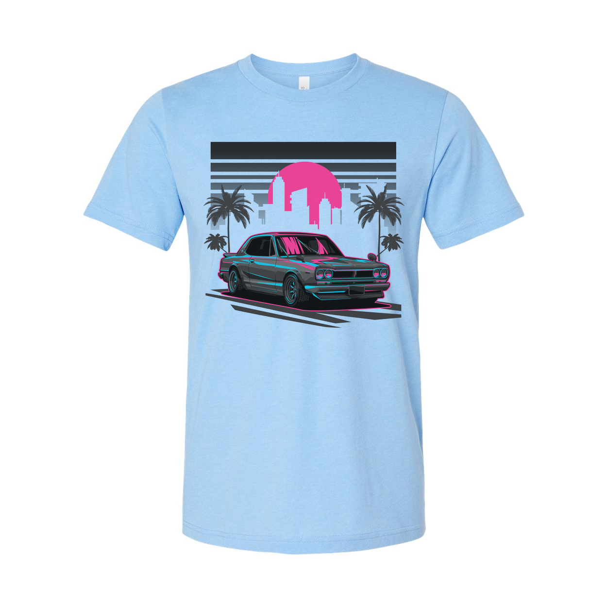 Nissan Skyline Neon Sunset Graphic Unisex T Shirt With Palm Trees And City Skyline