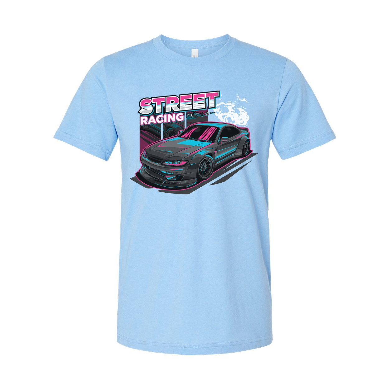 Nissan S15 Silvia Street Racing Graphic T Shirt With Neon Pink And Cyan Car Artwork For Unisex Wear
