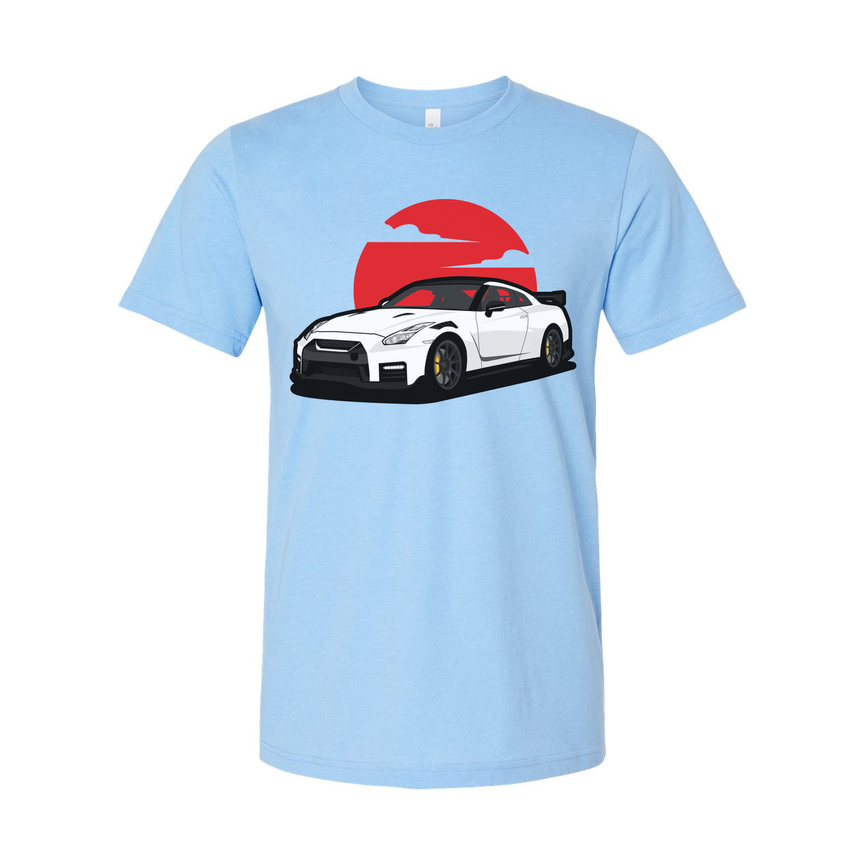 Unisex T Shirt With White Nissan GTR R35 Car Graphic And Red Sunset Backdrop Design