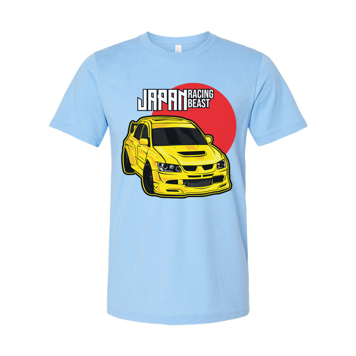 Mitsubishi Lancer Evolution IX Unisex T Shirt With Yellow Racing Car Graphic And Japan Racing Beast Logo
