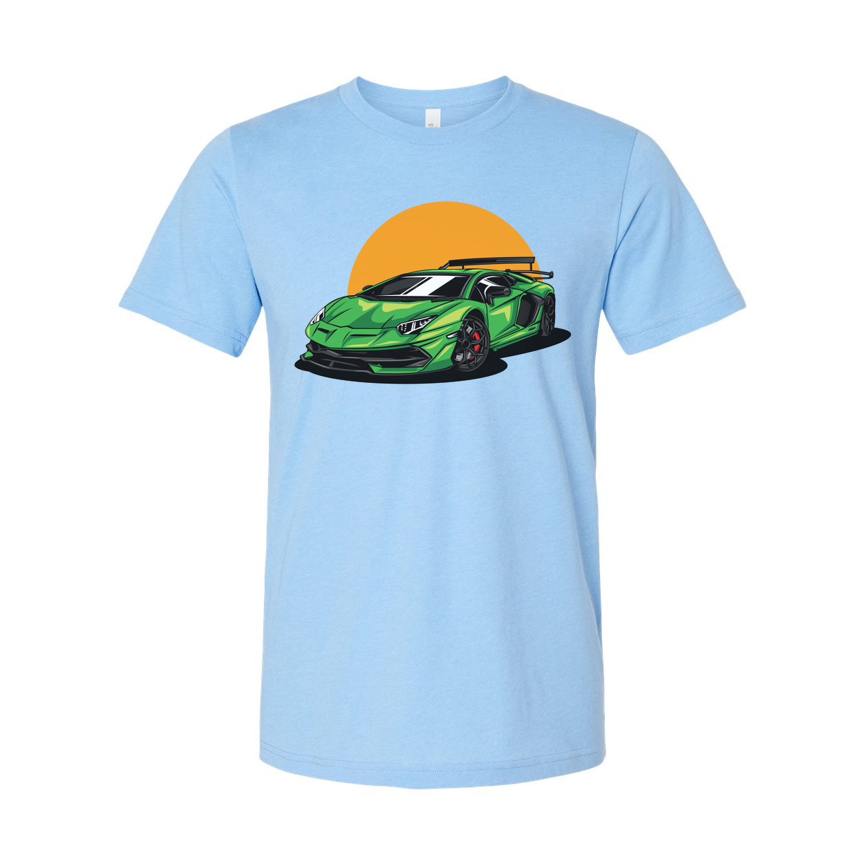Green Sports Car Graphic Tee With Orange Sunset Backdrop For Unisex Adults Casual Wear
