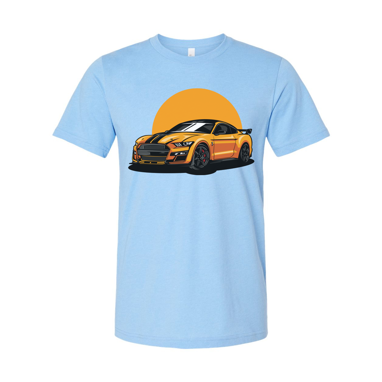 Unisex Ford Mustang Graphic T Shirt Featuring Orange Car And Sunset Design For Car Enthusiasts