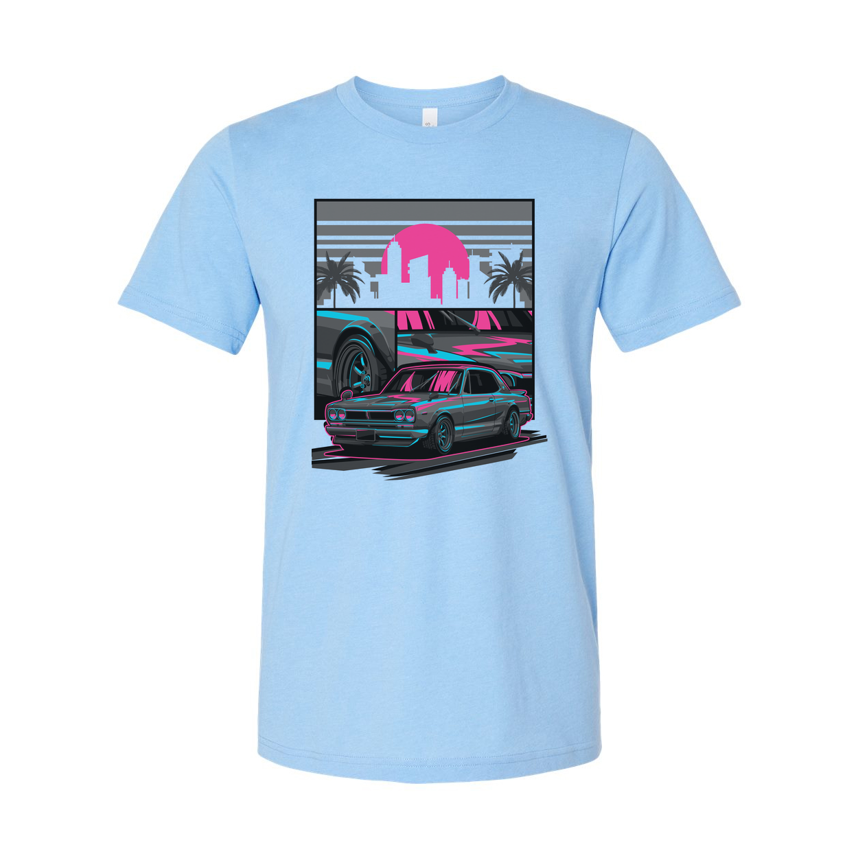 Datsun 240Z Neon Car Graphic T Shirt With Sunset Skyline And Palm Trees Unisex Casual Wear