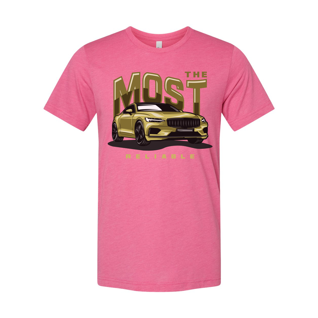 Most Reliable Car Graphic T Shirt Unisex White Tee With Yellow Sedan Illustration