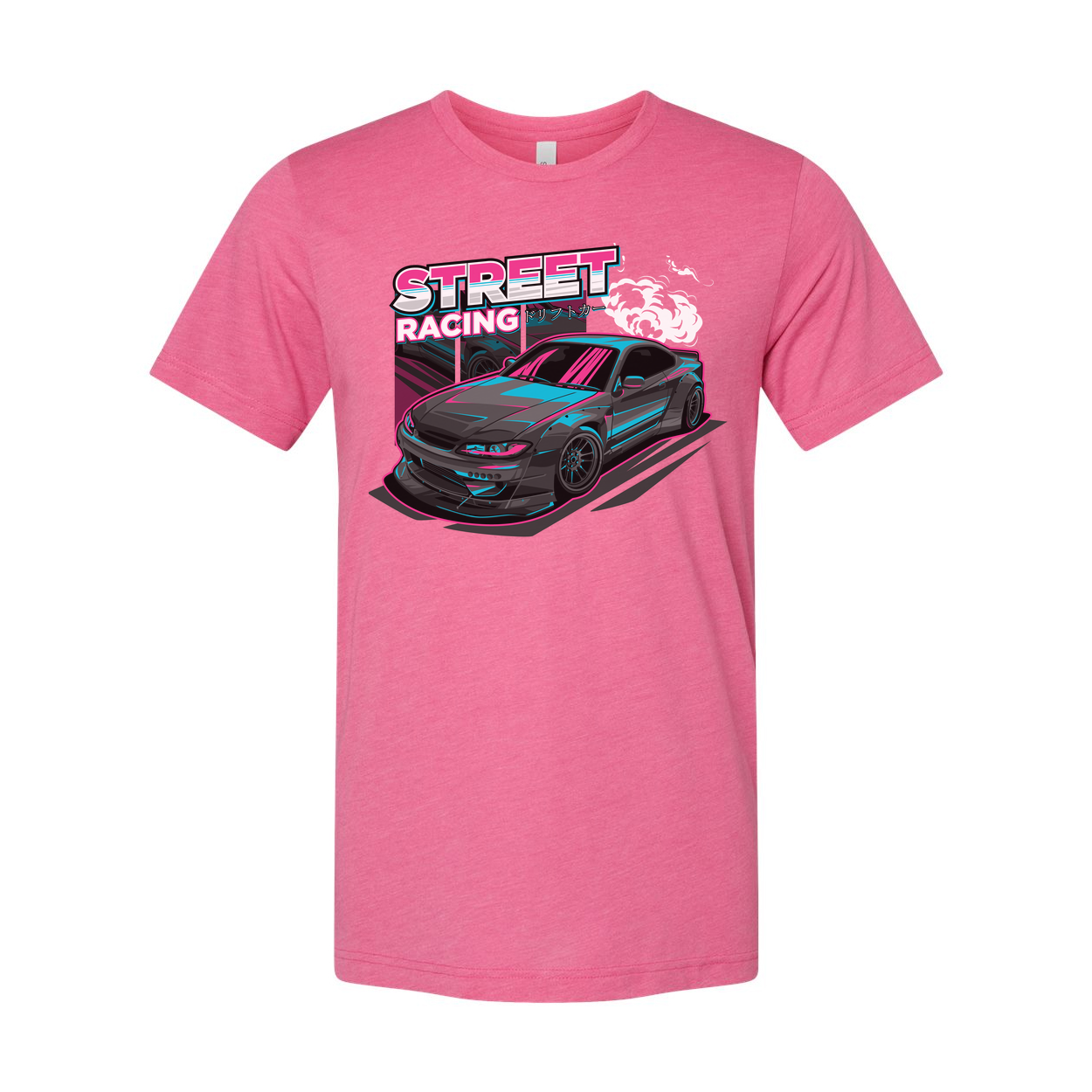 Nissan S15 Silvia Street Racing Graphic T Shirt With Neon Pink And Cyan Car Artwork For Unisex Wear
