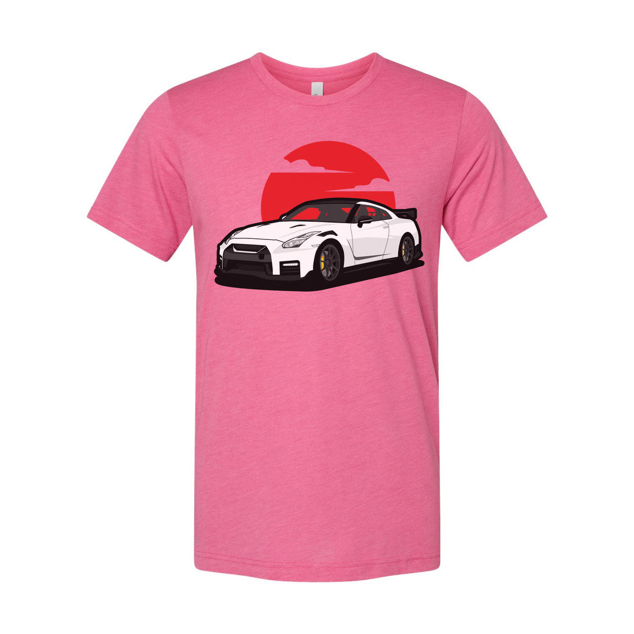 Unisex T Shirt With White Nissan GTR R35 Car Graphic And Red Sunset Backdrop Design