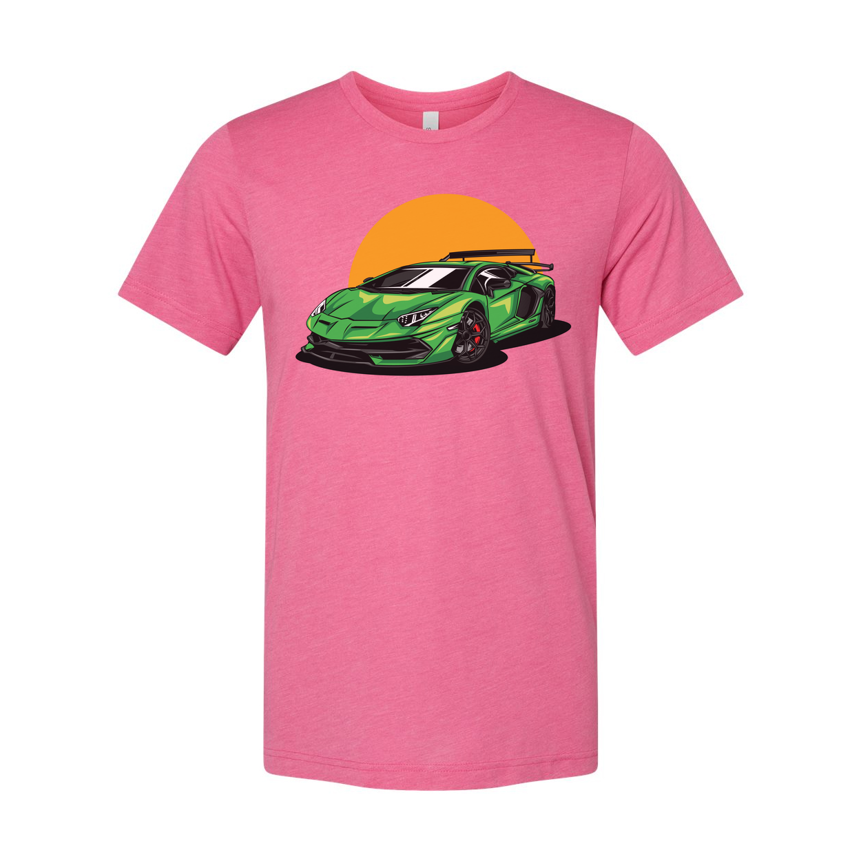 Green Sports Car Graphic Tee With Orange Sunset Backdrop For Unisex Adults Casual Wear
