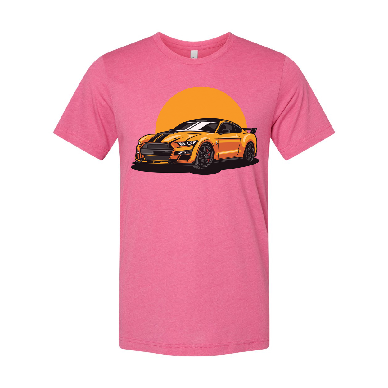 Unisex Ford Mustang Graphic T Shirt Featuring Orange Car And Sunset Design For Car Enthusiasts