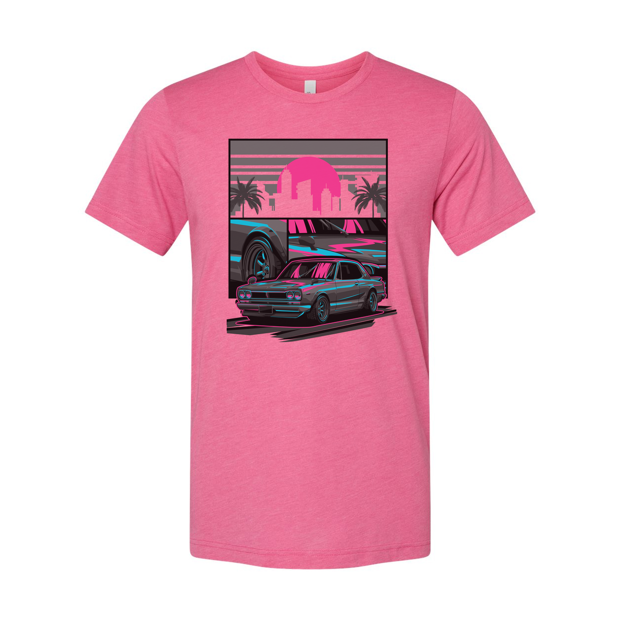 Datsun 240Z Neon Car Graphic T Shirt With Sunset Skyline And Palm Trees Unisex Casual Wear