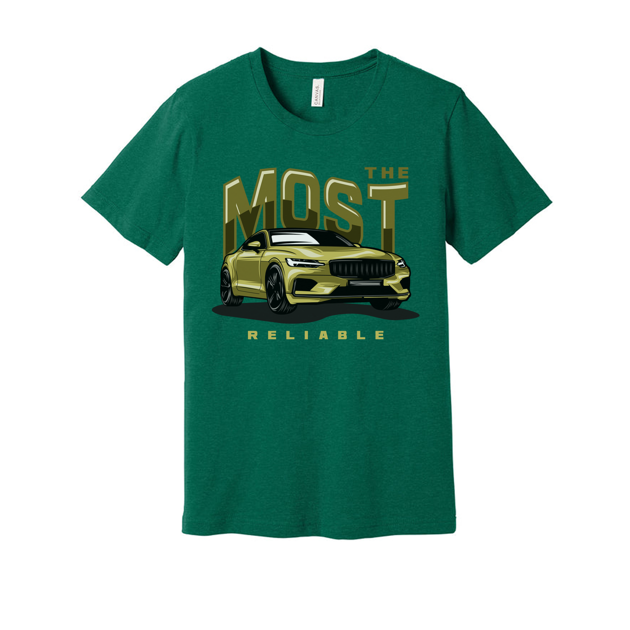 Most Reliable Car Graphic T Shirt Unisex White Tee With Yellow Sedan Illustration