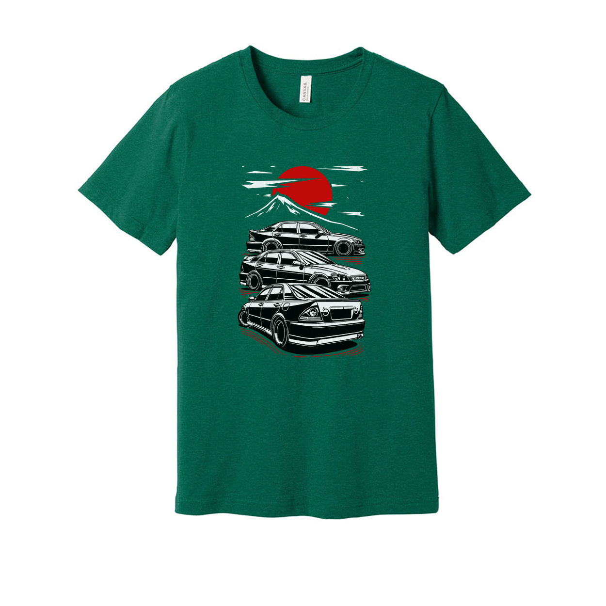 Toyota Chaser Unisex Graphic T Shirt Featuring Stacked Cars Sunset And Mount Fuji Style Illustration