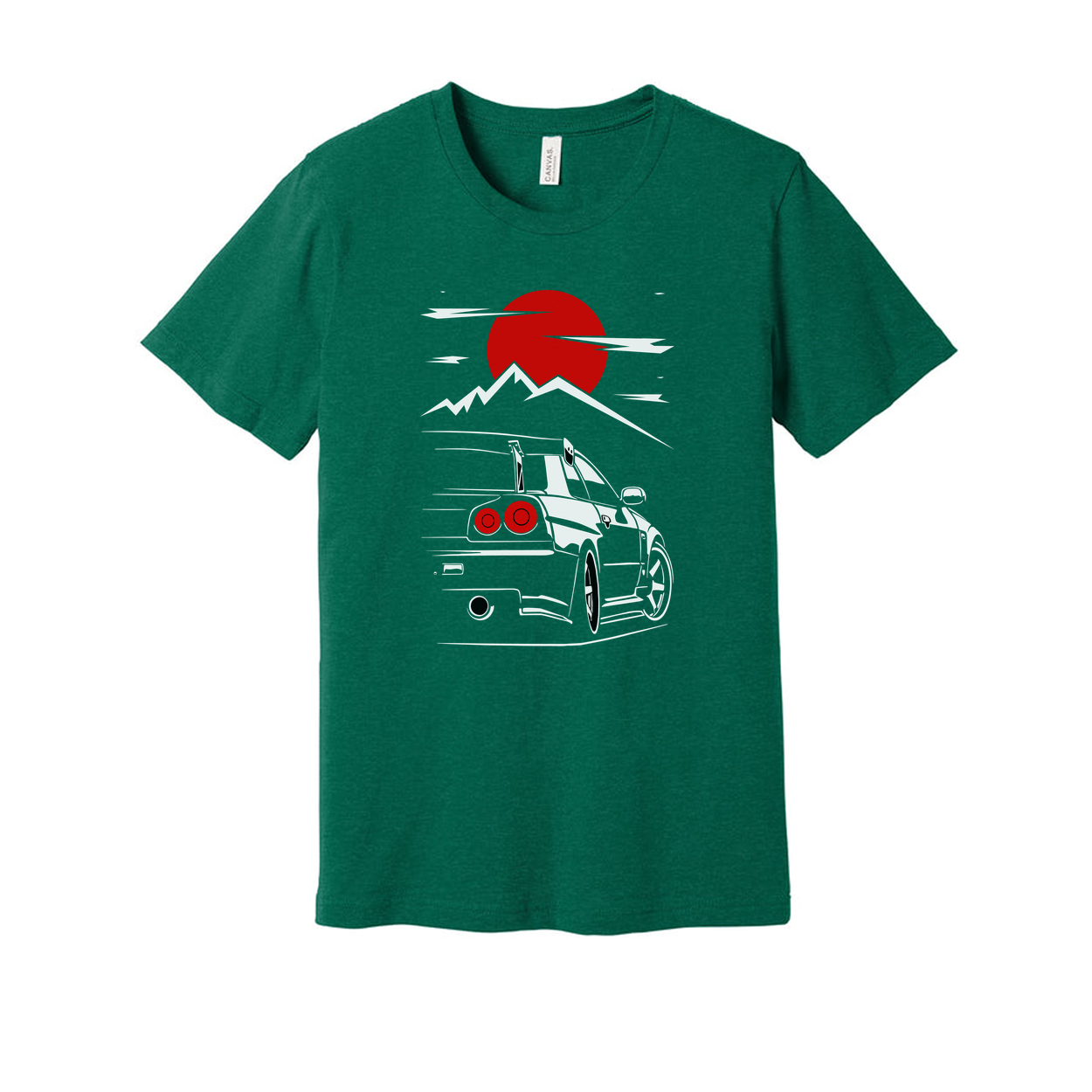 Nissan Skyline GTR R34 Unisex Graphic T Shirt With Japanese Sun And Mountain Illustration