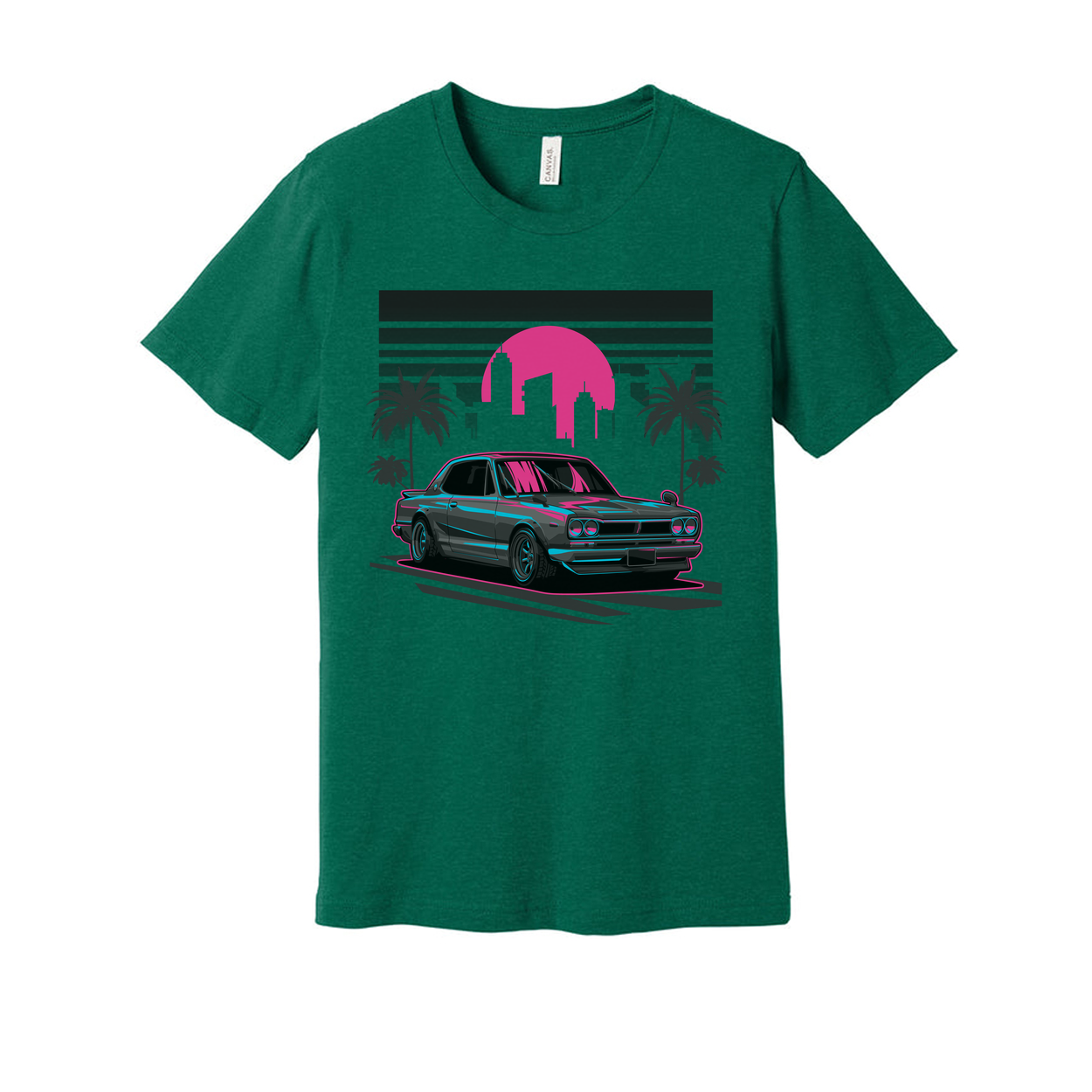 Nissan Skyline Neon Sunset Graphic Unisex T Shirt With Palm Trees And City Skyline