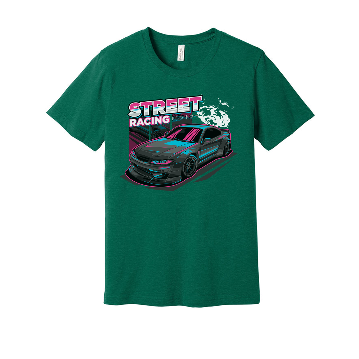 Nissan S15 Silvia Street Racing Graphic T Shirt With Neon Pink And Cyan Car Artwork For Unisex Wear