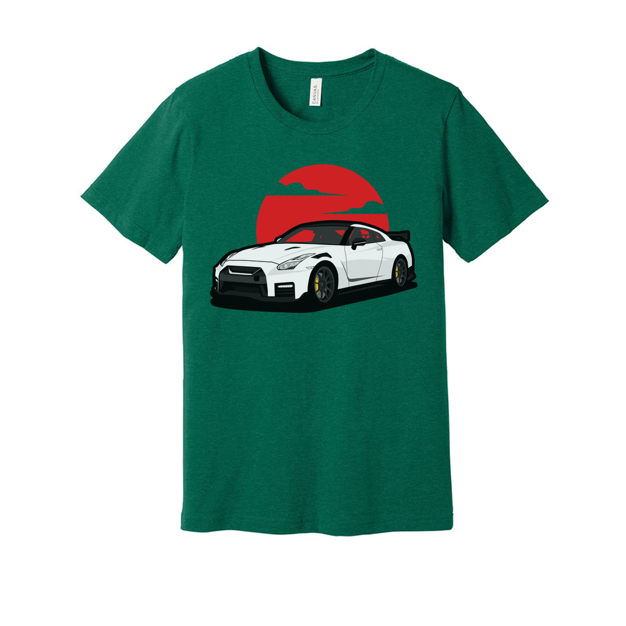 Unisex T Shirt With White Nissan GTR R35 Car Graphic And Red Sunset Backdrop Design