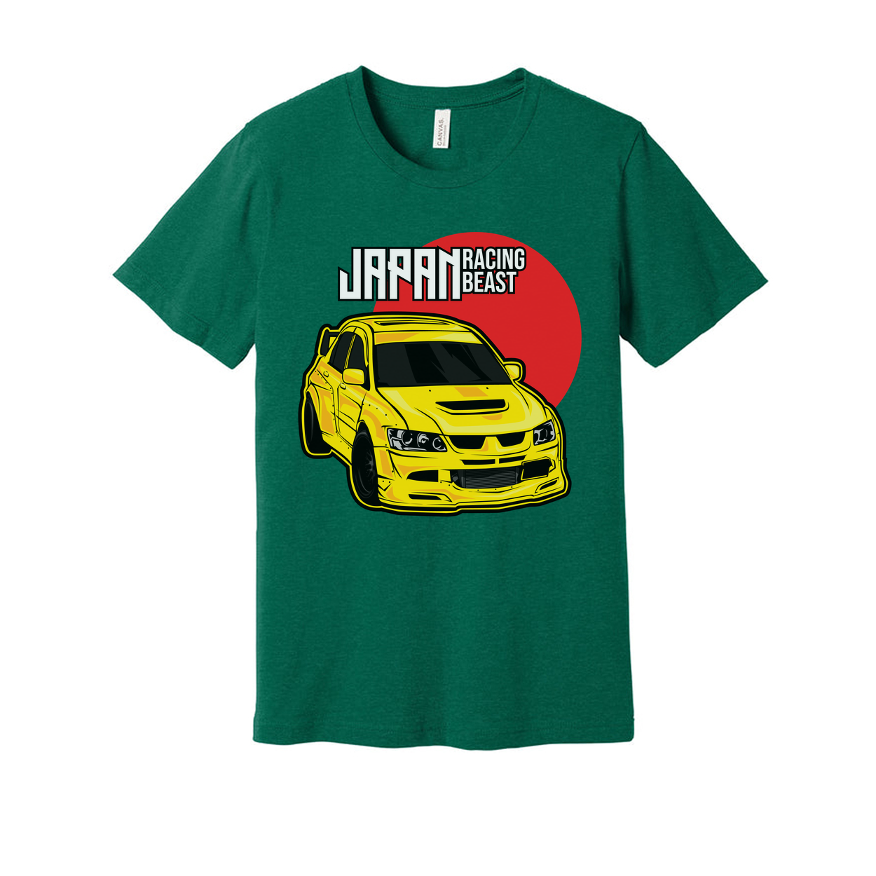 Mitsubishi Lancer Evolution IX Unisex T Shirt With Yellow Racing Car Graphic And Japan Racing Beast Logo