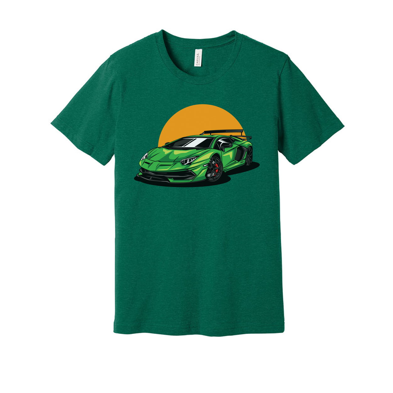 Green Sports Car Graphic Tee With Orange Sunset Backdrop For Unisex Adults Casual Wear