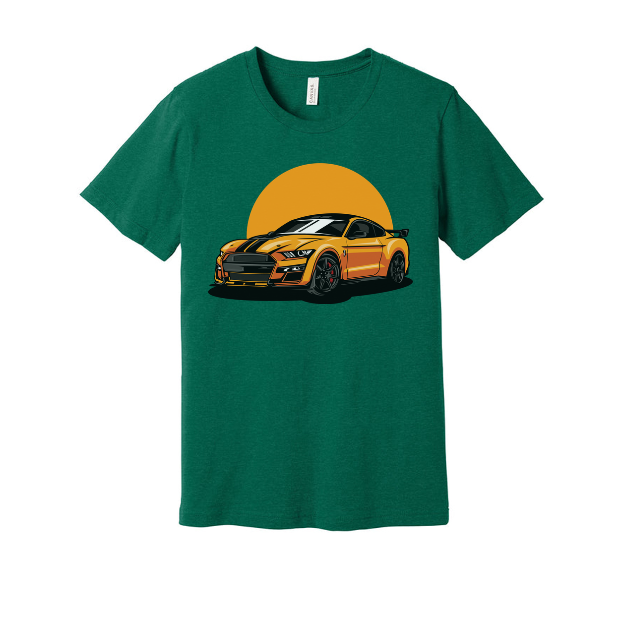 Unisex Ford Mustang Graphic T Shirt Featuring Orange Car And Sunset Design For Car Enthusiasts