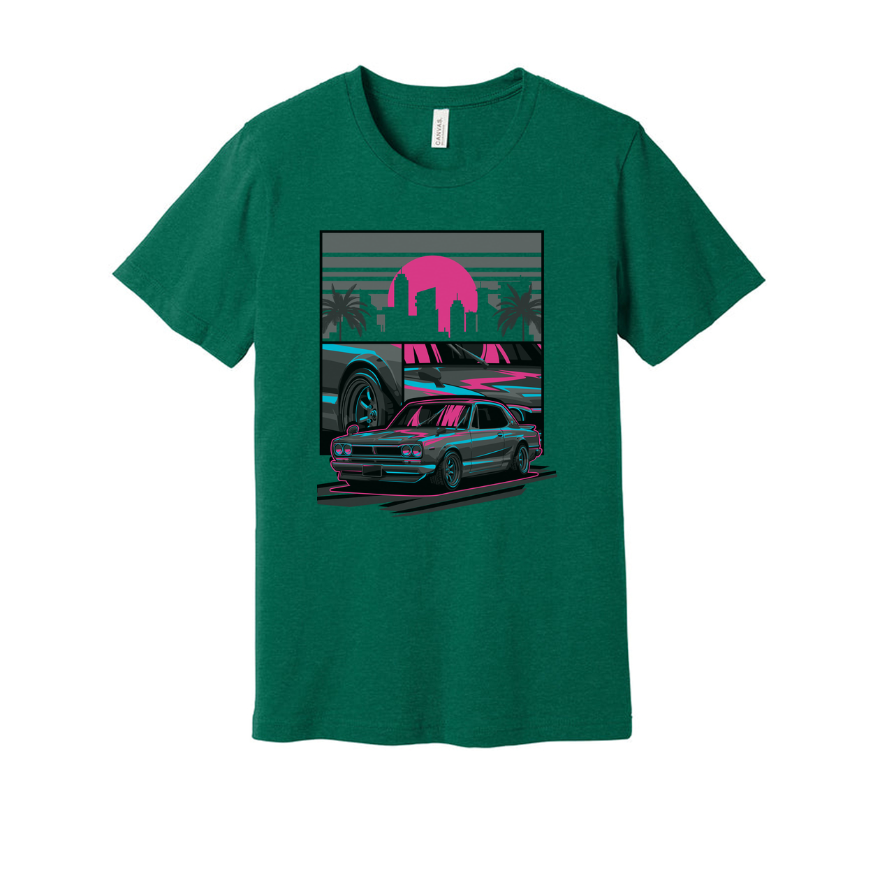 Datsun 240Z Neon Car Graphic T Shirt With Sunset Skyline And Palm Trees Unisex Casual Wear