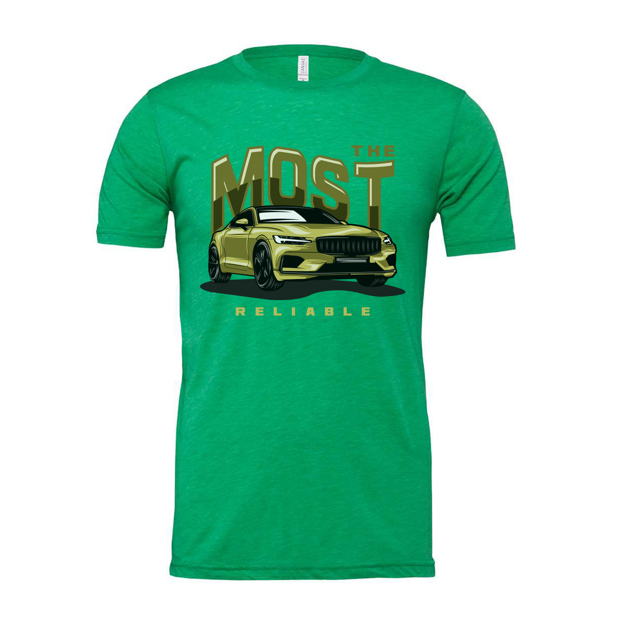 Most Reliable Car Graphic T Shirt Unisex White Tee With Yellow Sedan Illustration