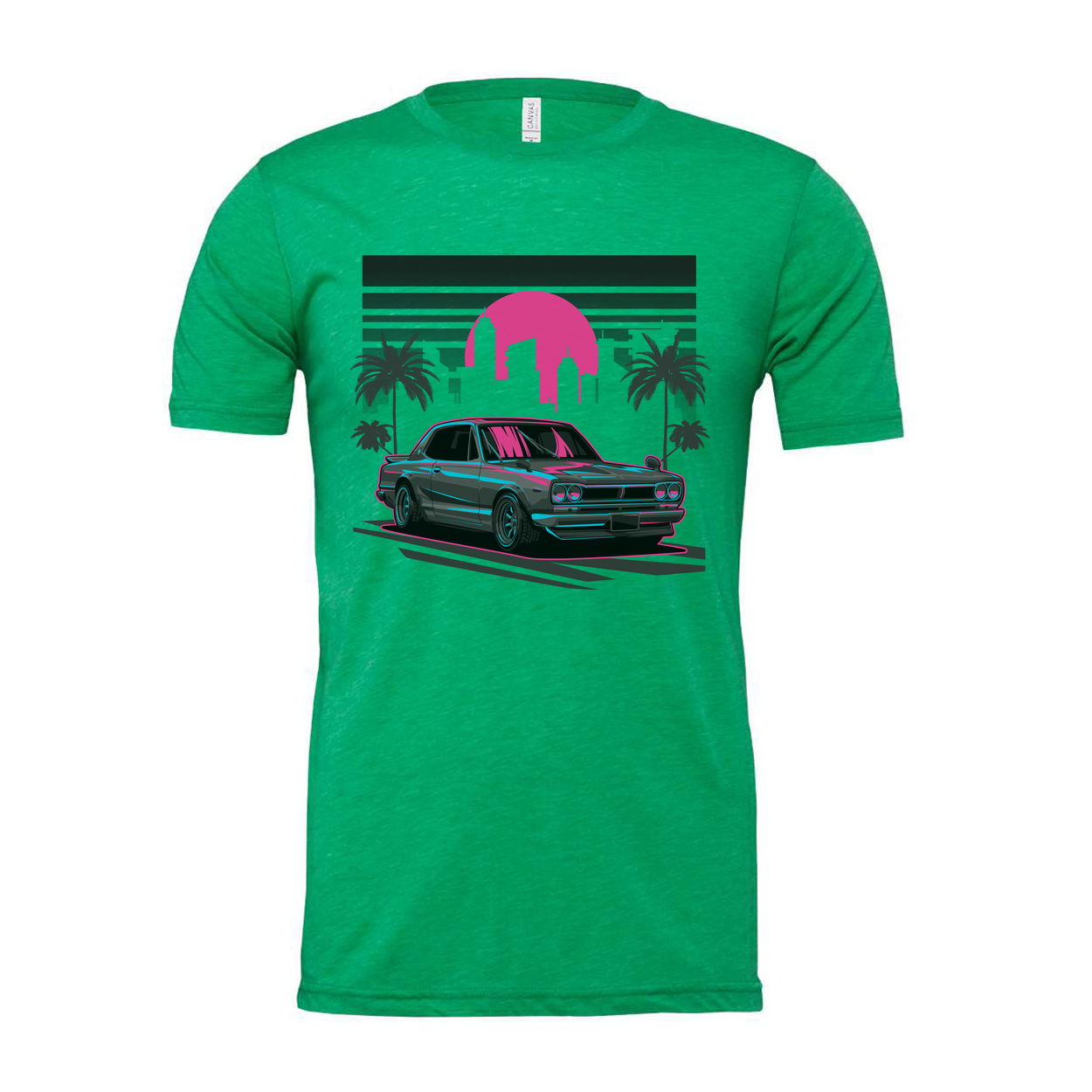 Nissan Skyline Neon Sunset Graphic Unisex T Shirt With Palm Trees And City Skyline