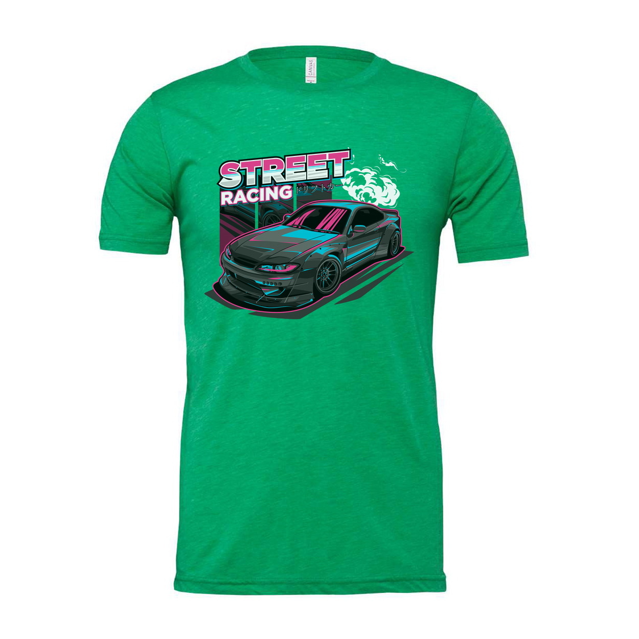 Nissan S15 Silvia Street Racing Graphic T Shirt With Neon Pink And Cyan Car Artwork For Unisex Wear