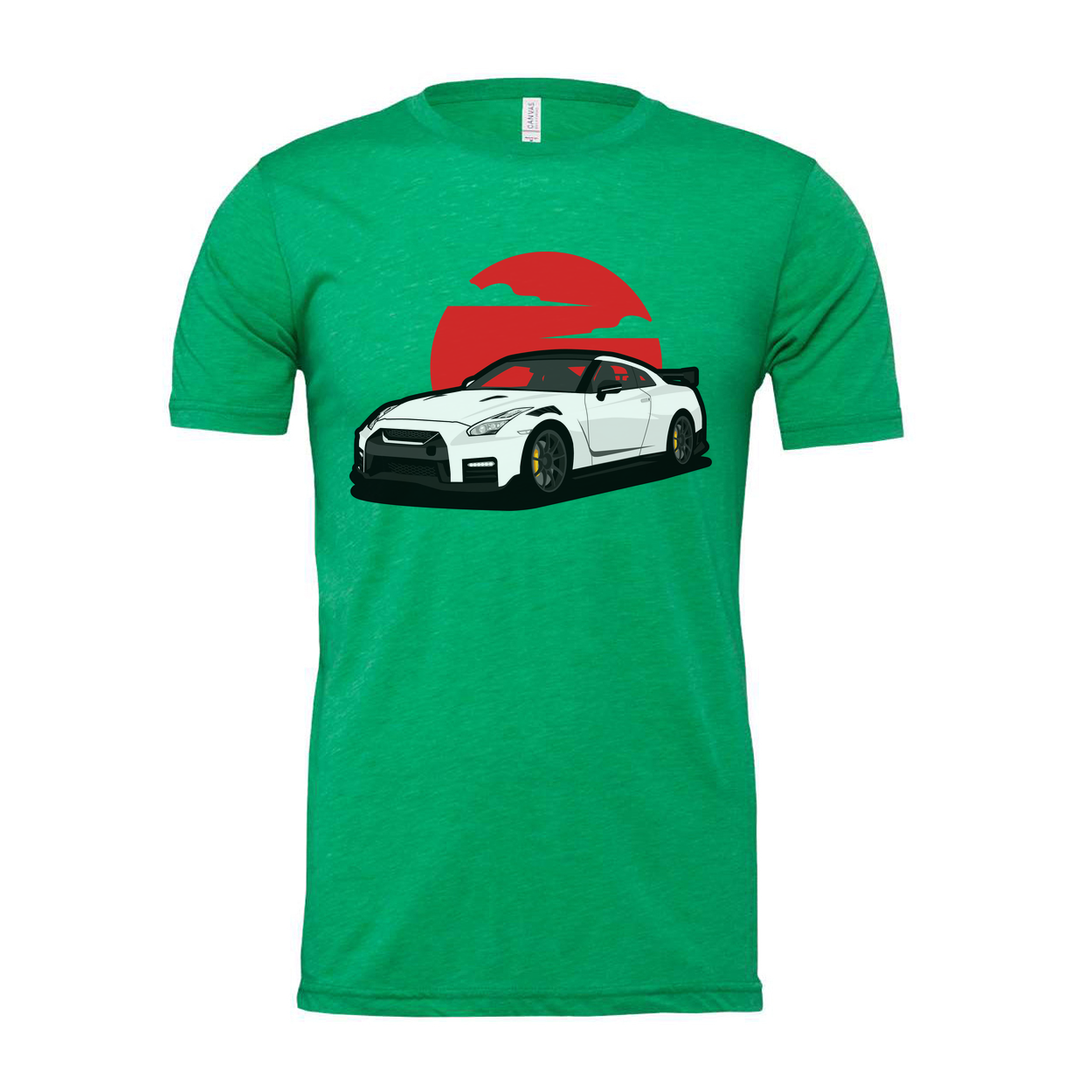 Unisex T Shirt With White Nissan GTR R35 Car Graphic And Red Sunset Backdrop Design